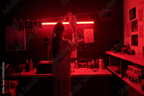 Fotografie Back view of young woman hanging photo prints on drying line under red neon ligh