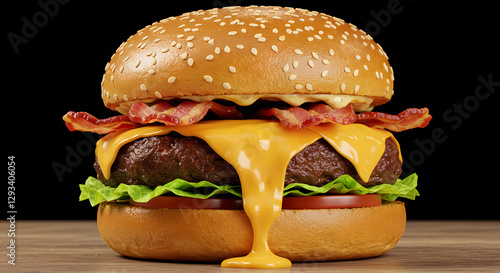 A mouth-watering gourmet burger with crispy bacon and melted cheese, ideal for restaurant menus, food blogs, or advertising campaigns