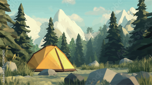 The image is a stylized landscape illustration depicting a yellow tent situated in a clearing within a coniferous forest.  The style is reminiscent of a low-poly or cel-shaded rendering, with flat