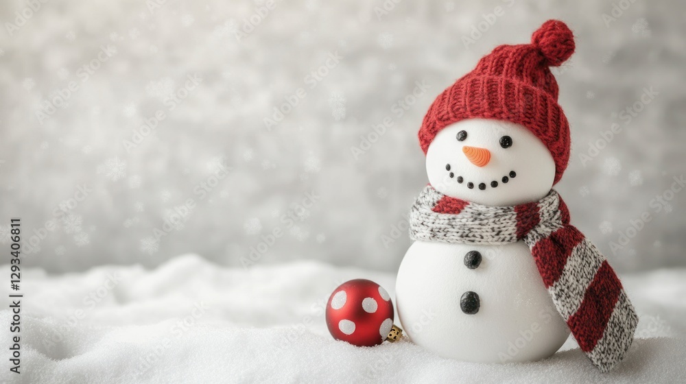 Fototapeta premium Minimalist plain gray background with a snowman, ample copy space for text