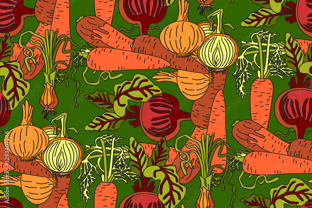 Botanical abstract seamless pattern with juicy vegetables vector illustration. Colorful carrots, onions, beets repeating cartoon pattern in green color background. Graphic design for Fashion Cover Botanical abstract seamless pattern with juicy vegetables vector illustration. Colorful carrots, onions, beets repeating cartoon pattern in green color background. Graphic design for Fashion Cover