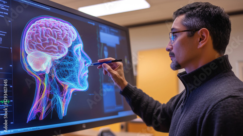 Man scientist analyzing human brain on computer monitor, medical display in laboratory or classroom