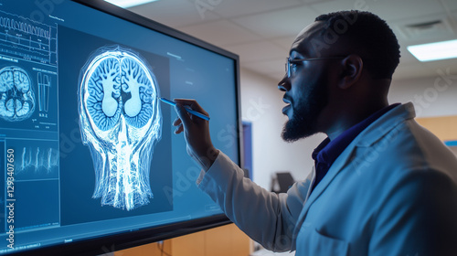 Man scientist analyzing human brain on computer monitor, medical display in laboratory or classroom