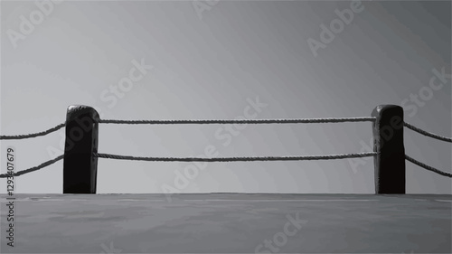 A grayscale image depicting a minimalist rope fence against a plain white wall. The fence consists of two dark vertical posts connected by three horizontal ropes. The image is sharply focused,