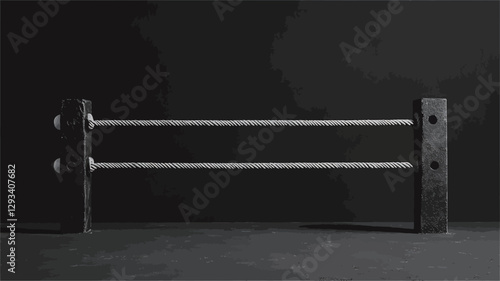 The image is a monochrome photograph depicting a simple, geometric structure.  The structure consists of two horizontal bars supported by two vertical blocks.  The bars appear metallic and are