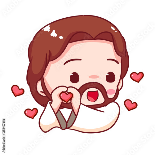 Cute Jesus chibi love hand sign pose cartoon character. Christian Catholic concept design. Vector icon mascot illustration.