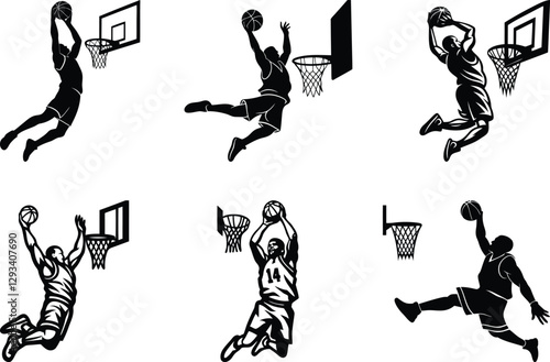 A basketball player performing a slam dunk isolated vector icon set, basketball player performing a slam dunk silhouette and line art vector illustration design