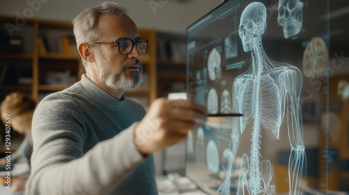 Man scientist analyzing human brain on computer monitor, medical display in laboratory or classroom
