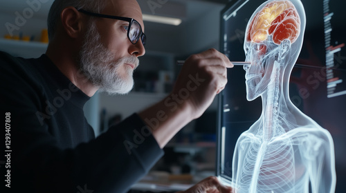 Man scientist analyzing human brain on computer monitor, medical display in laboratory or classroom