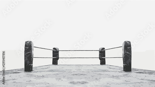 The image is a monochrome photograph depicting a simple rope fence constructed from cylindrical posts, situated on what appears to be a sandy or rocky surface. The fence stretches from the