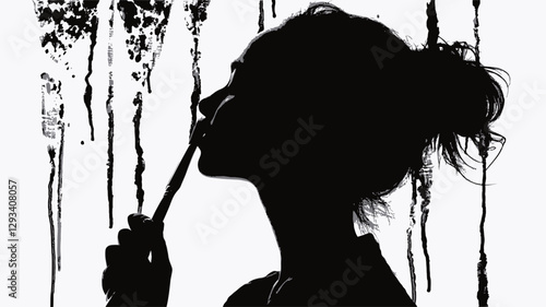 The image is a monochrome photograph depicting the silhouette of a woman holding a paintbrush to her lips.  The silhouette is sharply defined against a background featuring abstract vertical