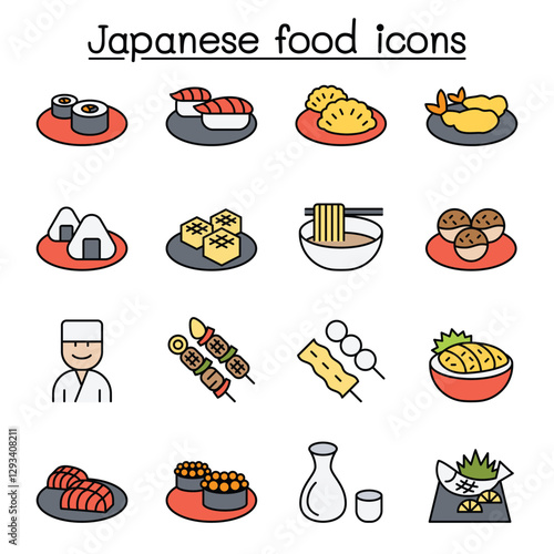 Japanese food icon set in thin line style