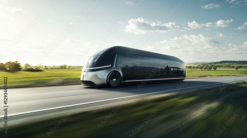 Futuristic electric bus on a scenic highway with rolling hills and clear sky. Net zero and carbon neutral concept Futuristic electric bus on a scenic highway with rolling hills and clear sky. Net zero and carbon neutral concept