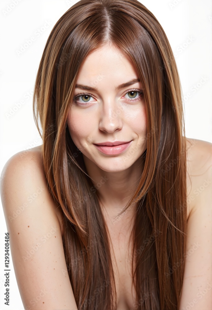 Model with straight, long hair, posing in front of a plain white background, with a focus on its shine and smoothness Model with straight, long hair, posing in front of a plain white background, with a focus on its shine and smoothness