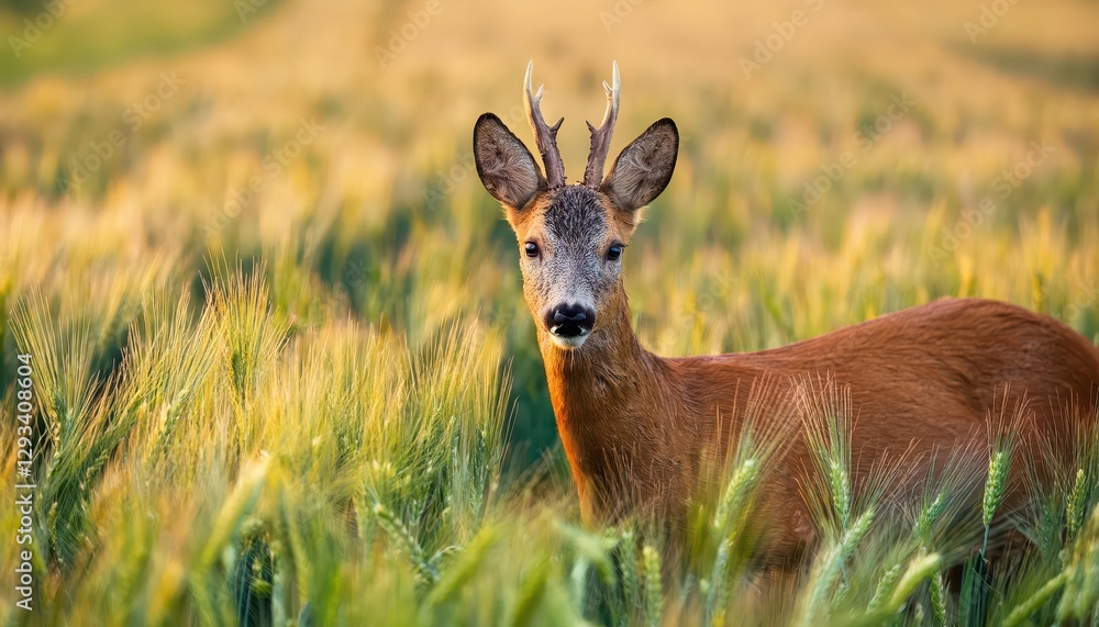 Closeup Portrait of a Western Roe Deer Roebuck in Grain Field at Dusk Captivating Closeup of Capreolus capreolus Amidst Serene Sunset Meadow, Caught in a Moment of Pensive Introspection Closeup Portrait of a Western Roe Deer Roebuck in Grain Field at Dusk Captivating Closeup of Capreolus capreolus Amidst Serene Sunset Meadow, Caught in a Moment of Pensive Introspection