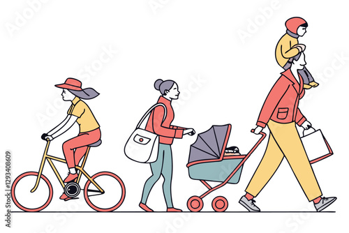 37 Cute cartoon people, diverse characters, simple illustration style, colorful outfits, urban commuters, bicyclist, pedestrians, scooter rider, shopper with bags, person pushing stroller, line of fig