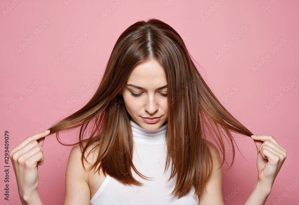Elegant Woman with Long Brown Hair Against Pink Background Elegant Woman with Long Brown Hair Against Pink Background