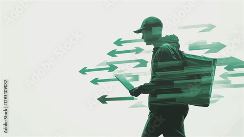The image is a stylized depiction of a delivery person, rendered in a monochrome green tone. The person is shown in profile, carrying a delivery bag and what appears to be a digital tablet or