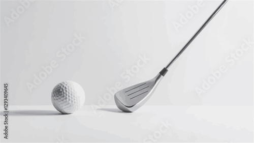 A monochrome close-up shot depicting a golf club and ball positioned on a stark white surface.  The lighting is soft and diffused, creating subtle shadows. The image is minimalistic in composition,