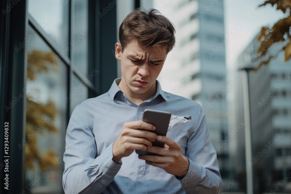 Businessman looking at his cellphone while waiting for a bus. Businessman looking at his cellphone while waiting for a bus.