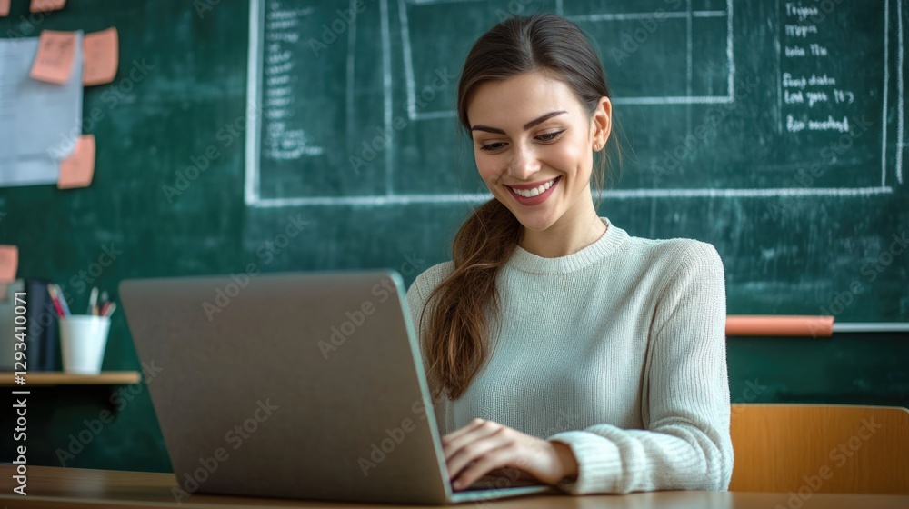 A young professional at work, typing on her laptop with a smile on her face. A young professional at work, typing on her laptop with a smile on her face.