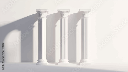 The image shows three white, cylindrical columns standing on a white surface.  The columns are evenly spaced, and feature simple capitals and bases. A strong shadow cast by the columns is visible