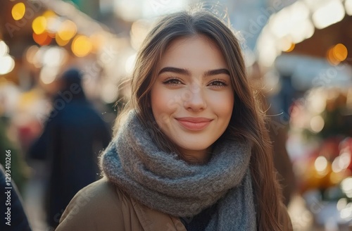 Portrait of a beautiful young woman in a winter jacket with a scarf, looking at the camera and smiling against the blurred background of an outdoor market. Close-up portrait of a girl posing outdoors.
