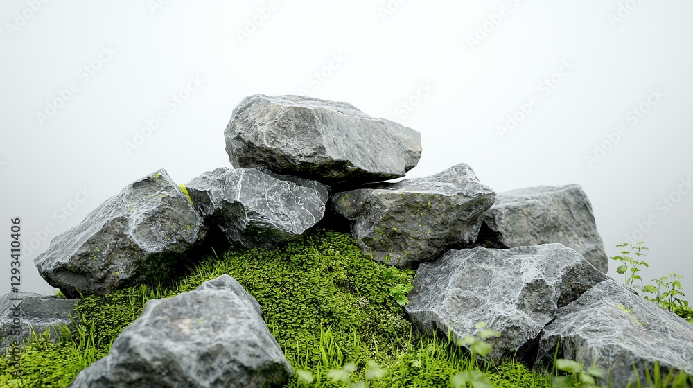Pile of gray stones resting on vibrant green moss against a soft foggy background, creating a serene natural scene. Pile of gray stones resting on vibrant green moss against a soft foggy background, creating a serene natural scene.
