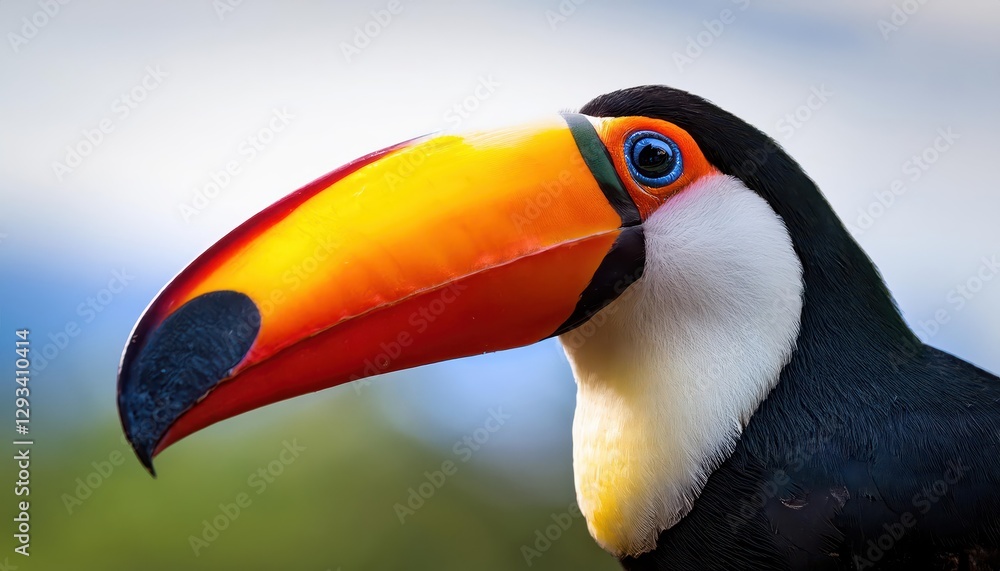Naklejka premium Vivid and Colorful Closeup of a Playful Toco Toucan in the Tropical Forests of Misiones, Argentina, Showcasing Striking Plumage and Expressive Beak