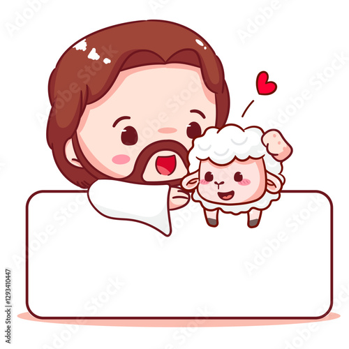 Cute Jesus chibi with the sheep holding billboard cartoon character. Christian Catholic concept design. Vector icon mascot illustration.
