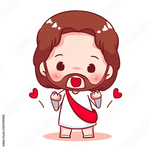 Cute Jesus chibi cheerful cartoon character. Christian Catholic concept design. Vector icon mascot illustration.