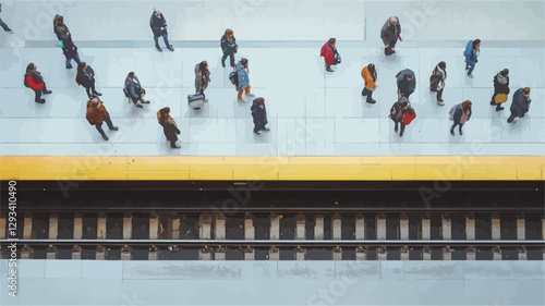 The image shows a high-angle, bird's-eye view of a train platform.  Numerous individuals are standing on the platform, appearing small in scale due to the elevated perspective. The platform is