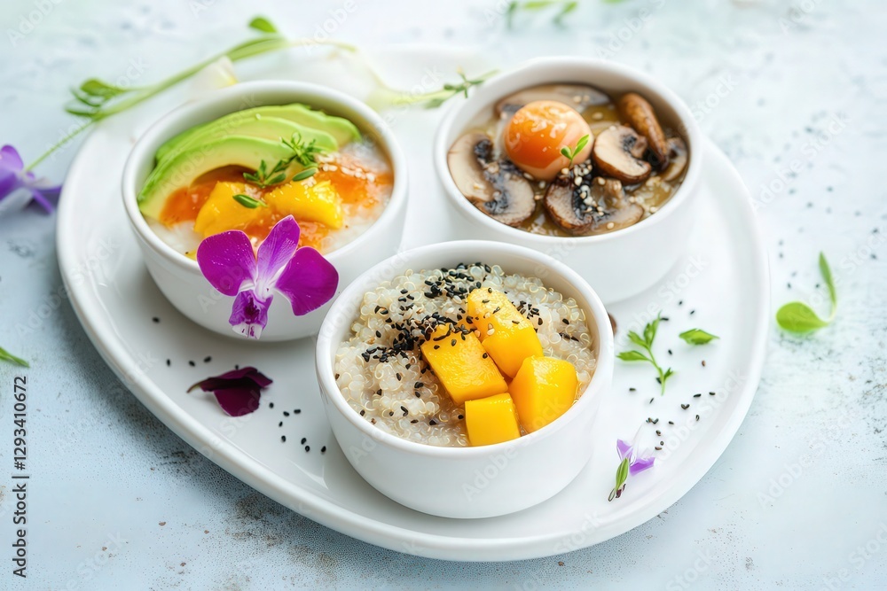 A serene presentation with three tiny bowls on a white ceramic plate. The fillings include quinoa with sautéed mushrooms quail egg, oatmeal with mango chunks chia seeds, rice with avocado soy sauce A serene presentation with three tiny bowls on a white ceramic plate. The fillings include quinoa with sautéed mushrooms quail egg, oatmeal with mango chunks chia seeds, rice with avocado soy sauce
