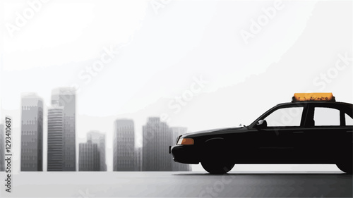 The image is a minimalist digital illustration or rendering showing a black silhouette of a taxi cab with a yellow luggage rack on top. It is positioned in the foreground against a background of a
