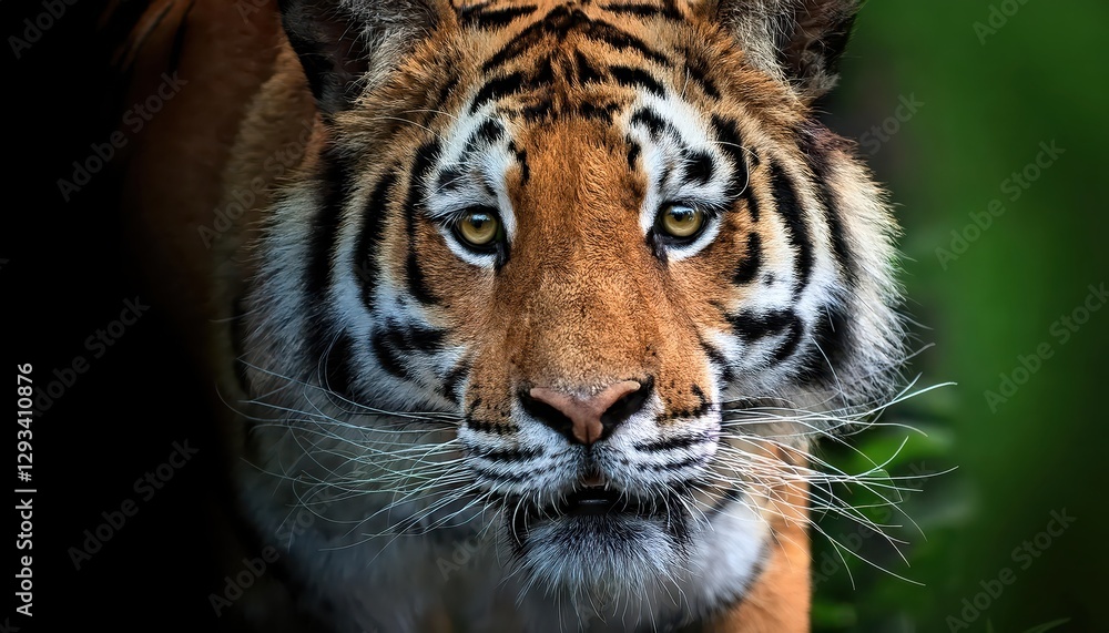 Naklejka premium Closeup Portrait of a Sumatran Tiger Powerful Stare Echoes Majestic Wilderness, Vivid Green Fur Glows in Jungles Dappled Light, Embracing the Primeval Beauty of Endangered Big Cat