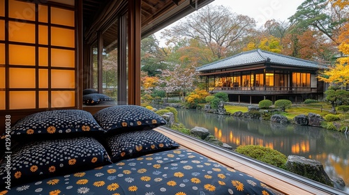 Japanese room, autumn view, window seat, relaxing photo