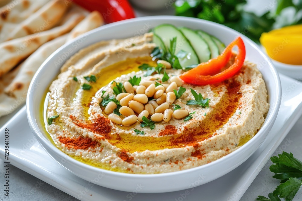 Hummus in a bowl with pita bread, cucumber, and bell pepper. Concept of healthy eating, vegetarian food, and middle eastern cuisine. Hummus in a bowl with pita bread, cucumber, and bell pepper. Concept of healthy eating, vegetarian food, and middle eastern cuisine.