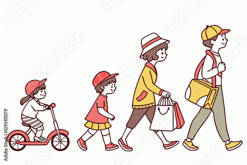 37 Cute cartoon people, diverse characters, simple illustration style, colorful outfits, urban commuters, bicyclist, pedestrians, scooter rider, shopper with bags, person pushing stroller, line of fig