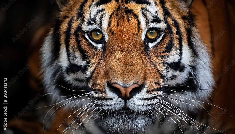 Striking Sumatran Tigers Majestic Face in the Jungle Twilight, Emphasizing Power and Grace with Rich Amber Fur and Intense Eyes, Capturing the Regal Beast at its Most Vulnerable Moment. Striking Sumatran Tigers Majestic Face in the Jungle Twilight, Emphasizing Power and Grace with Rich Amber Fur and Intense Eyes, Capturing the Regal Beast at its Most Vulnerable Moment.