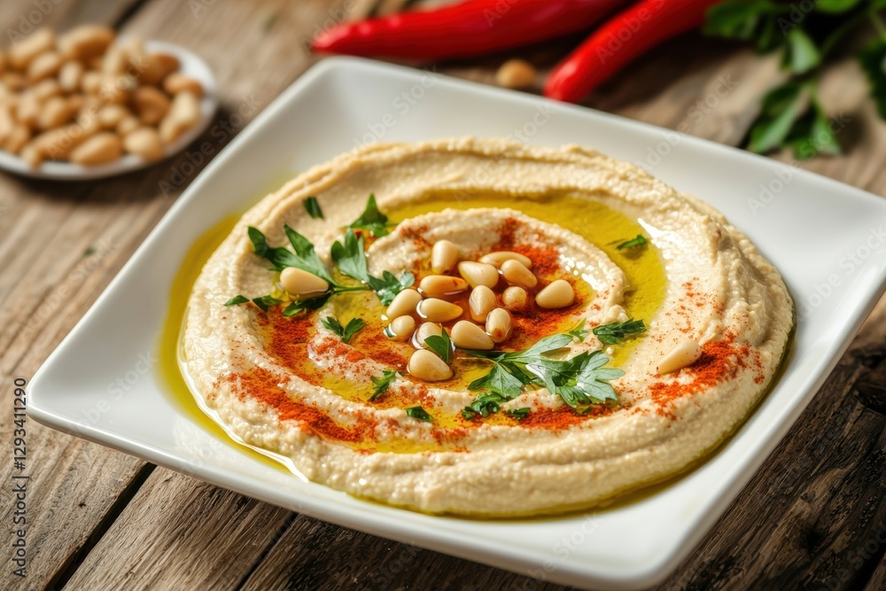 Hummus with olive oil, paprika, parsley and pine nuts on a white plate. Middle Eastern cuisine. Hummus with olive oil, paprika, parsley and pine nuts on a white plate. Middle Eastern cuisine.
