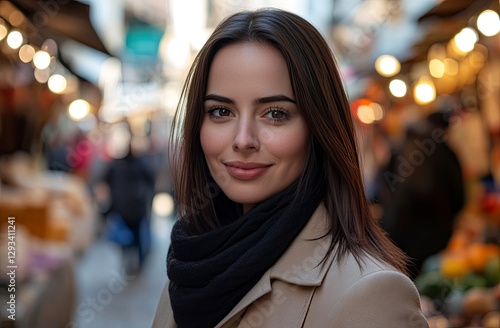 Portrait of a beautiful young woman in a beige jacket with a black fur scarf  looking at the camera and smiling while standing against the blurred background of a street cafe during the winter season.