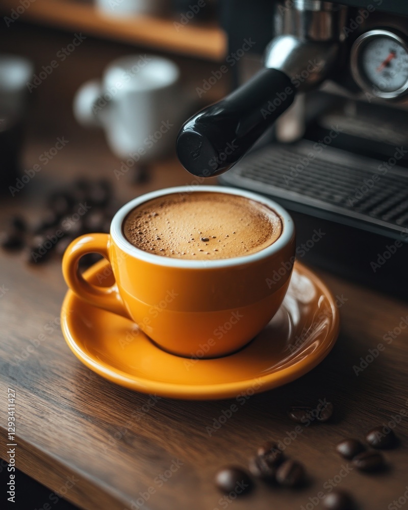 Espresso coffee in a yellow cup on a wooden table, with coffee beans and espresso machine in background. Espresso coffee in a yellow cup on a wooden table, with coffee beans and espresso machine in background.