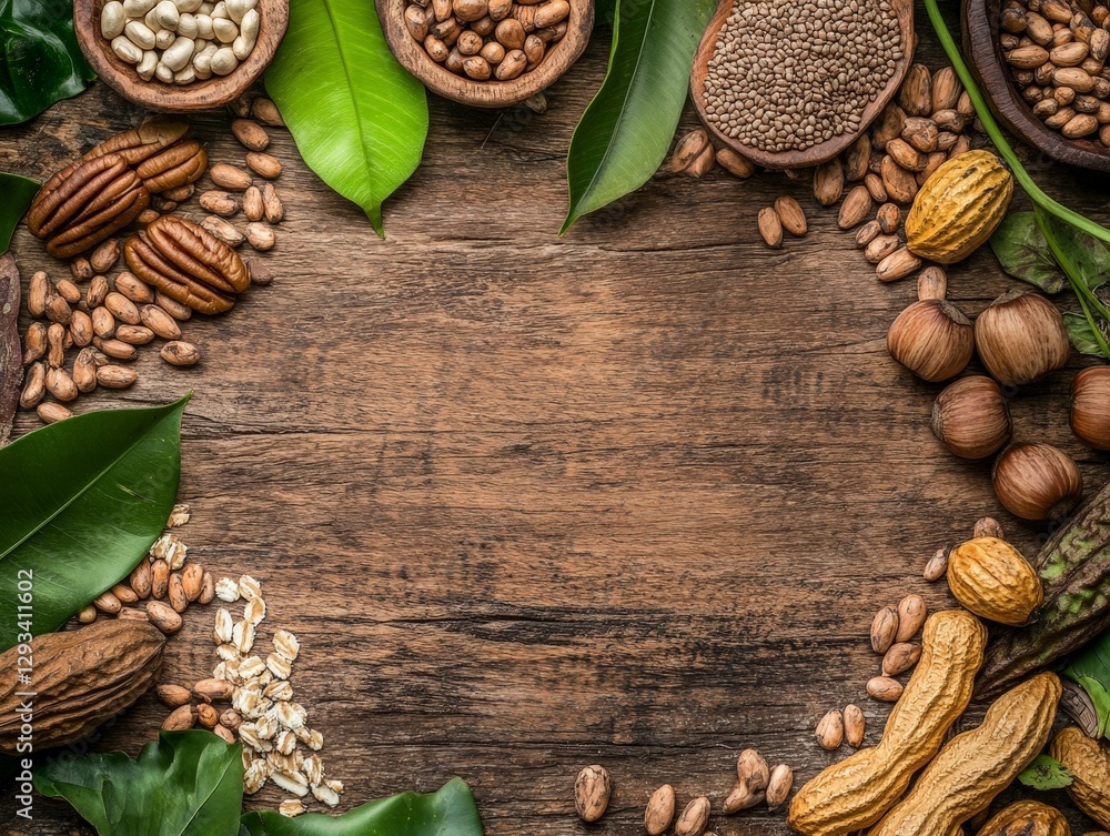 Diverse Nuts and Seeds Displayed on Rustic Wooden Background Diverse Nuts and Seeds Displayed on Rustic Wooden Background