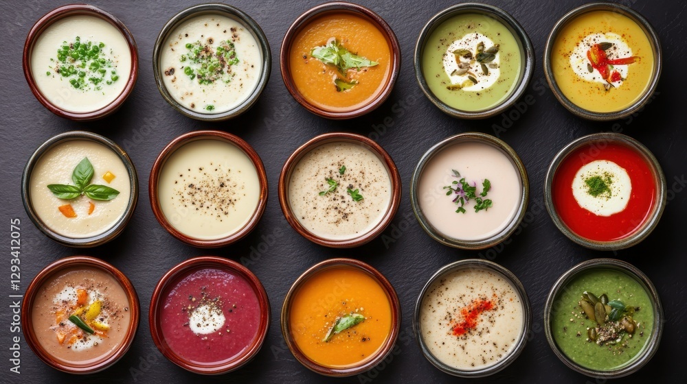 Variety of Colorful Soup Bowls with Fresh Herbs and Spices Arranged on Dark Slate Background Variety of Colorful Soup Bowls with Fresh Herbs and Spices Arranged on Dark Slate Background
