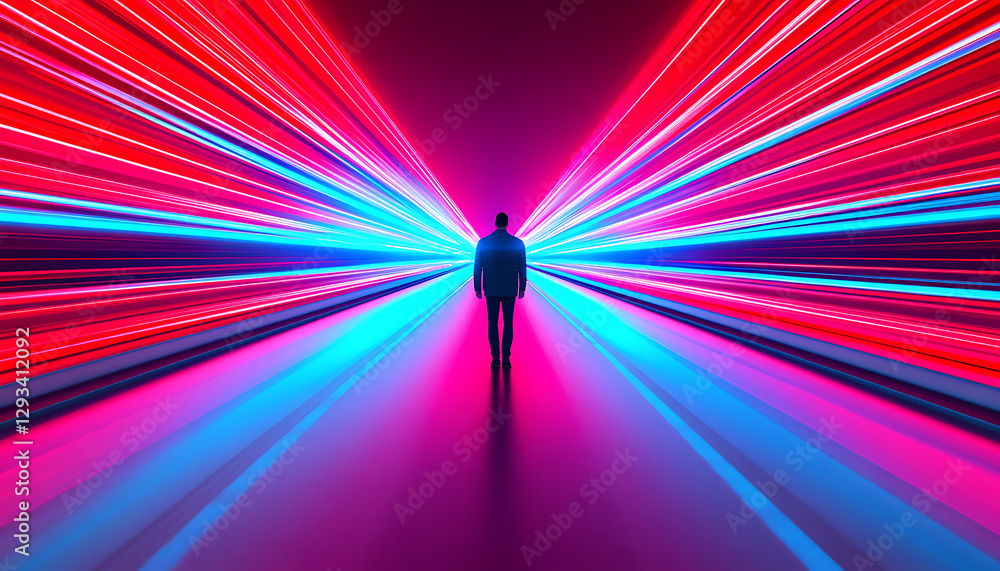 Fototapeta premium Man Walking Through Neon Light Speed Tunnel