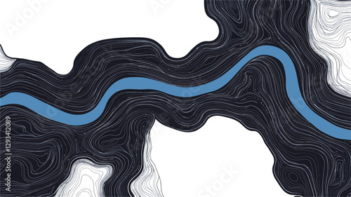 The image is an abstract illustration depicting a stylized river flowing through a dark, textured landscape.  The river is represented by a light blue line with irregular curves and bends,