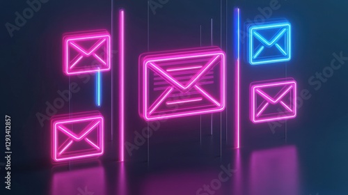marketing automation email concept. Neon email icons in vibrant colors against a dark background.