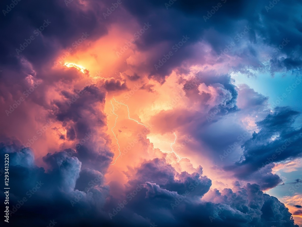 Dramatic Sky with Lightning and Colorful Clouds at Dusk