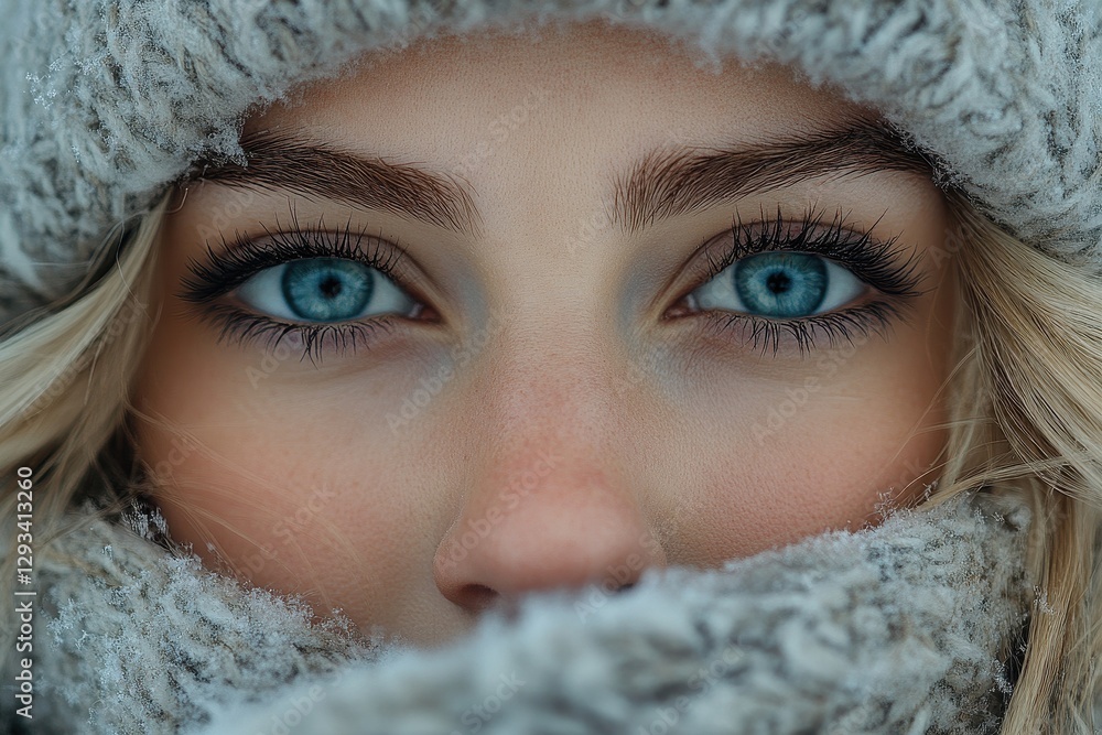 Close-up of a young woman with striking blue eyes in a cozy winter scarf against a soft background Close-up of a young woman with striking blue eyes in a cozy winter scarf against a soft background