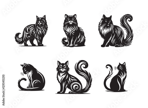 vector black cat silhouette set 